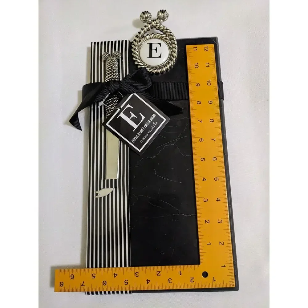 MUD PIE Black Marble Charcuterie Cheese Cutting Board Knife Initial E Medallion
